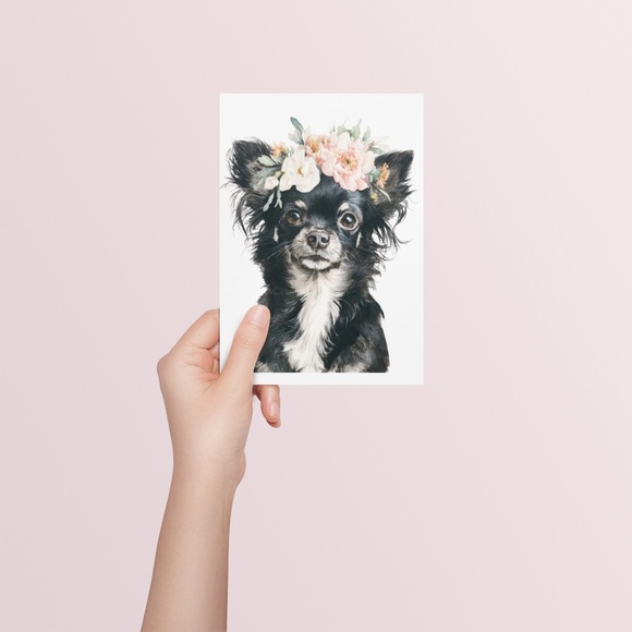 Watercolor Black Chihuahua with Flowers Portrait Wall Art Print Poster Unframed - Picture 5 of 6